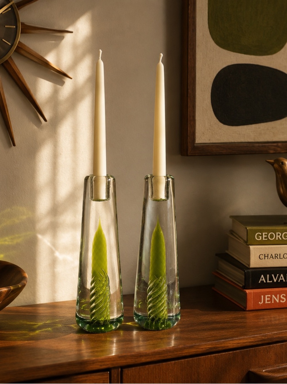 1968 Blenko Joel Myers 6824 Chartreuse Twist Art Glass Candlesticks Pair